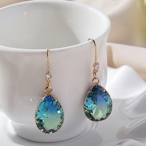 - - Faceted Blue Tourmaline & 18k Gold Plated Earrings 1.5” - Picture 2 of 6